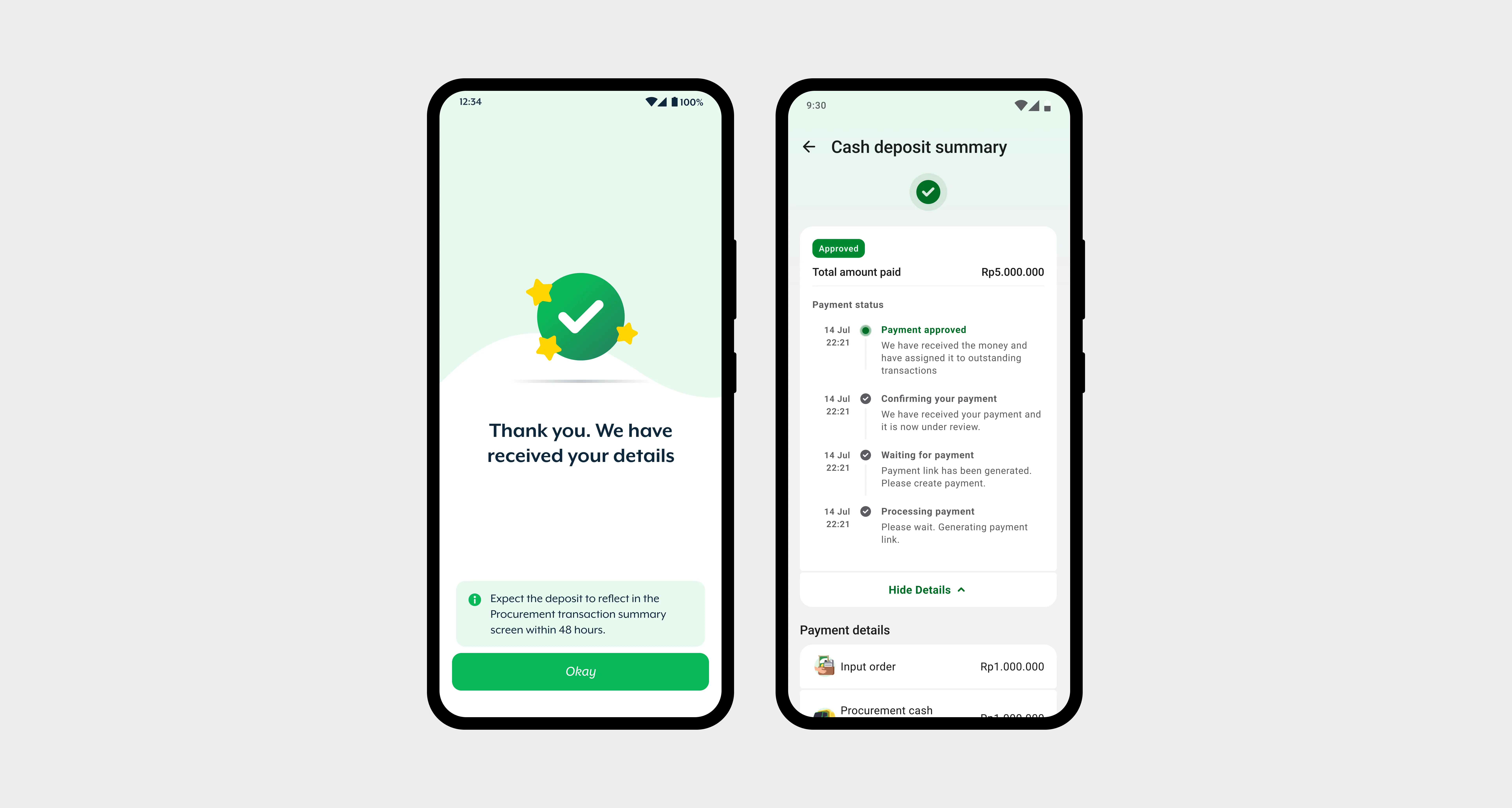 Old confirmation saying to expect an update in 48 hours, next to the new on-screen payment status